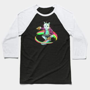 Unicorn Skateboarding Cat in Space Pizza Baseball T-Shirt